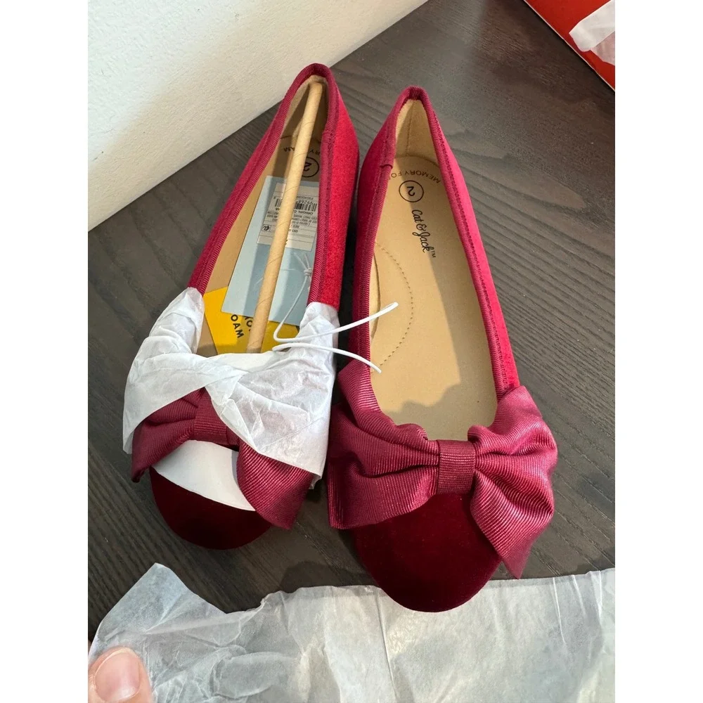 Christmas Cat & Jack Perla Ballet Flats Girls Size 2 Red Velvet Oversized Bow